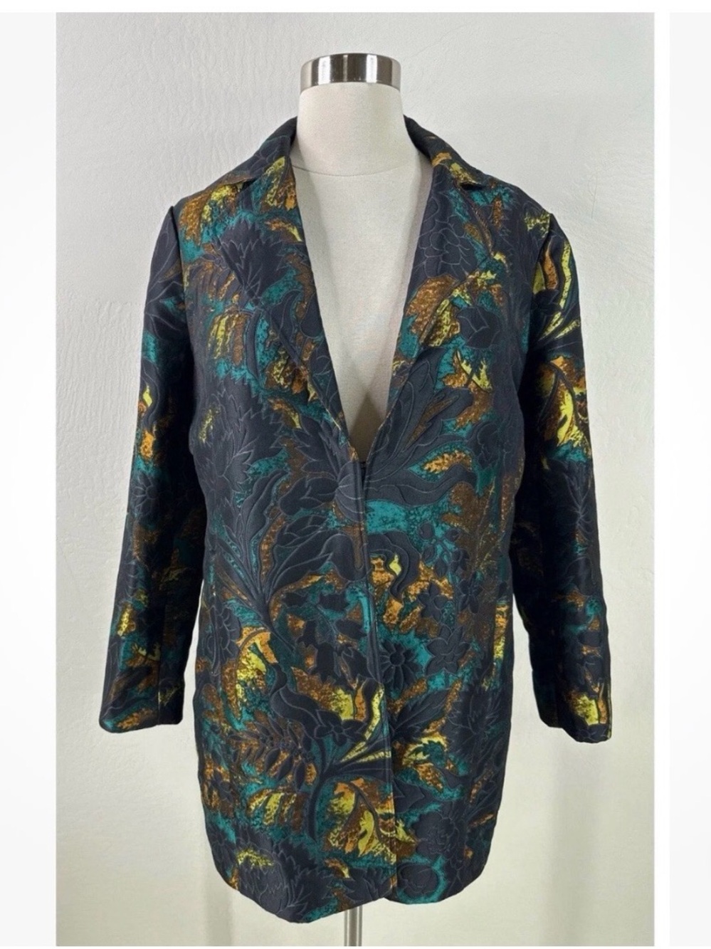 Chico's Black Floral Brocade Jacket with Teal and Gold Accents